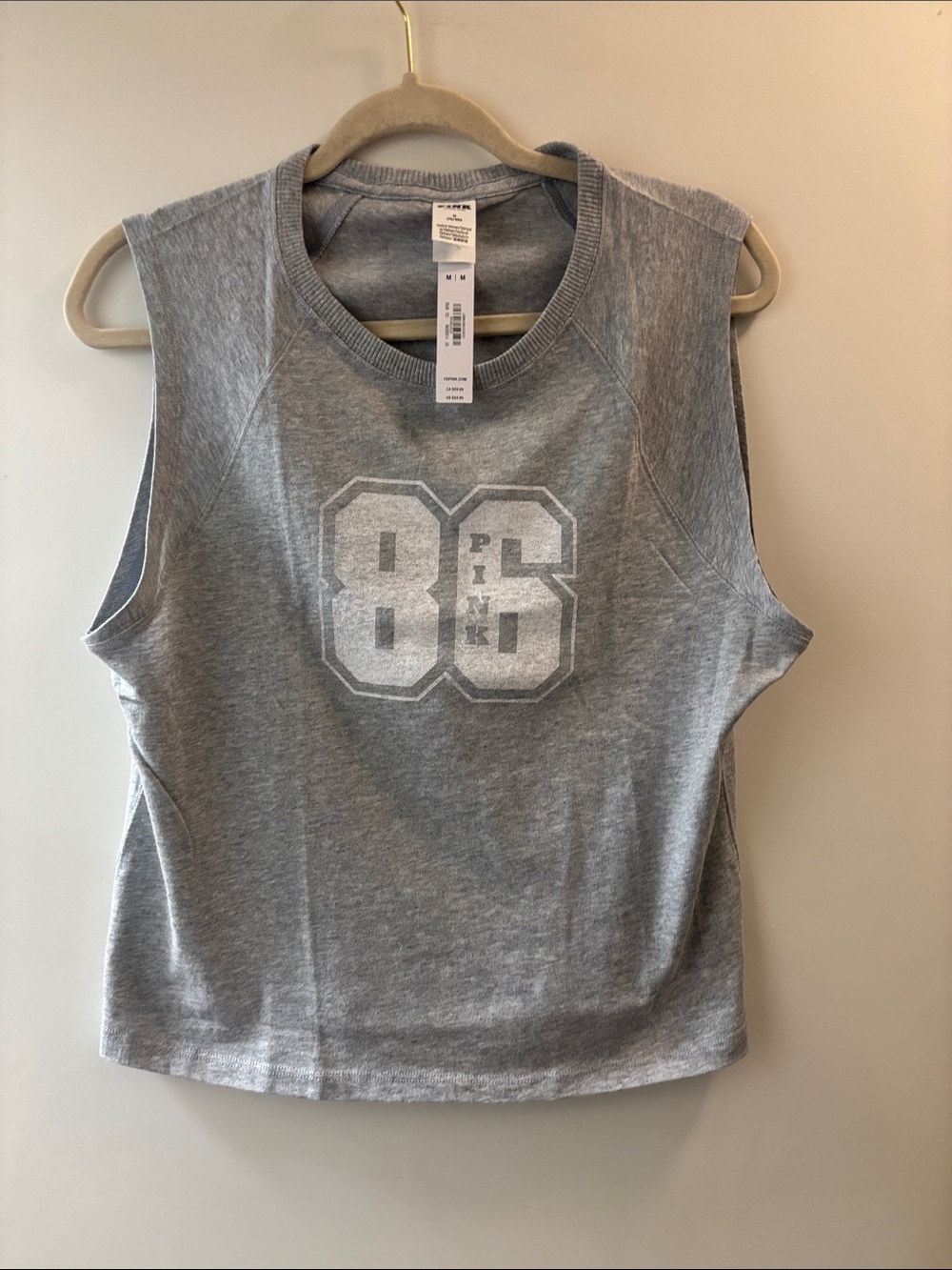 PINK Victoria's Secret Gray Sleeveless Crop Muscle Tee with '86' Graphic